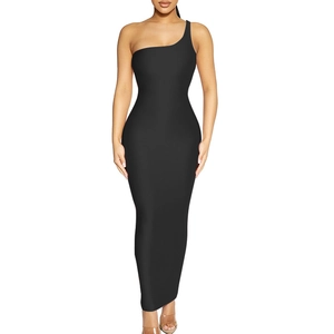 Elegant black one-shoulder bodycon maxi dress for women featuring a slim fit sleeveless design