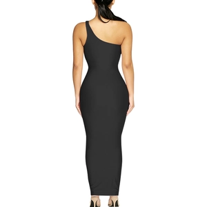 Rear view of a black one-shoulder slim fit maxi dress with a flowing floor-length hemline