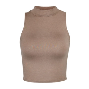 Slim fit mock neck sleeveless knit crop top in mocha brown for yoga and daily wear