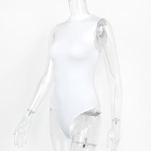 Close-up of white mock neck sleeveless bodysuit featuring high-stretch slim fit fabric