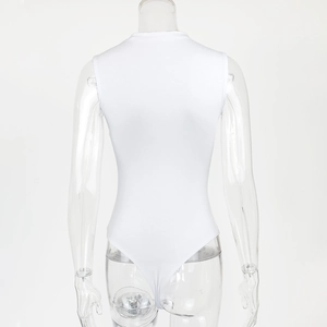 Rear view of white sleeveless high-neck bodysuit featuring high-cut leg and slim fit
