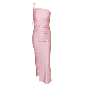 Detail of pink one-shoulder dress showing side ruching and thigh-high side slit