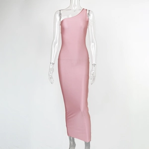 Detail of pink one-shoulder slim fit maxi dress in glossy elastic fabric on mannequin