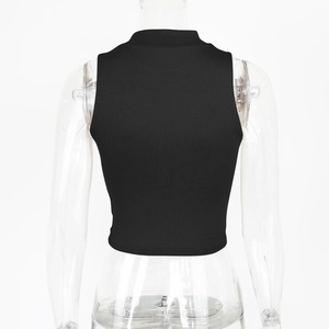 Rear view of black ribbed knit crop top with a sleek high neck sleeveless design