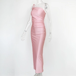 Detail of pink one-shoulder ruched dress showing shiny satin fabric and side pleats