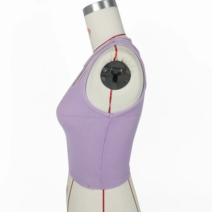 Vue détaillée du crop top côtelé violet avec col rond et design sans manches sur mannequin