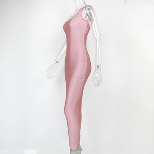 Side view of a pink one-shoulder bodycon dress on a mannequin showing smooth texture