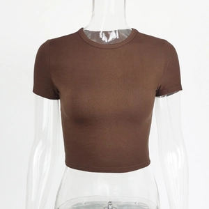 Detail of coffee brown short sleeve crop top showing slim fit and round neckline