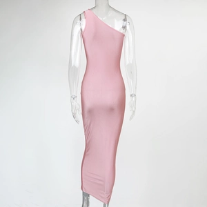 Rear view of a pink bodycon maxi dress with one-shoulder design and silky fabric texture