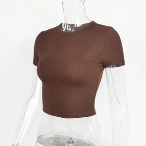 Close-up of dark brown slim fit crop top with round neck in high elastic fabric