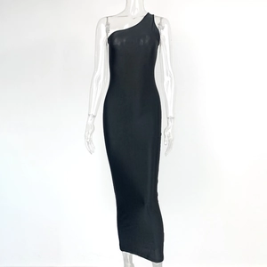 Detailed view of black one-shoulder slim fit maxi dress with smooth stretch fabric