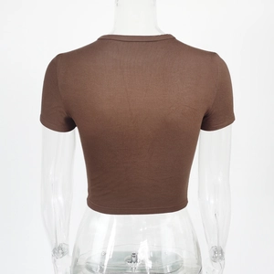 Back view of a slim fit brown cropped T-shirt featuring a classic round neck and soft knit