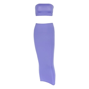 Set due pezzi viola da donna con top a fascia corto e gonna lunga attillata