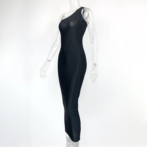Detail of black one-shoulder slim fit maxi dress featuring sleek elastic fabric