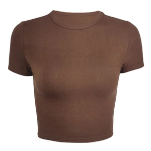 Women's brown slim fit ribbed knit crop top t-shirt with crew neck and short sleeves