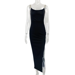 Slim fit black slip dress with metallic chain straps and high side slit detail