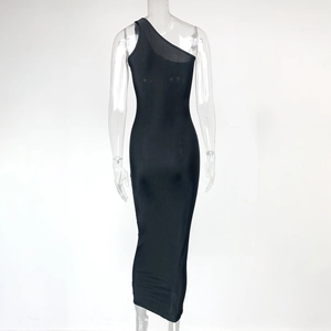 Detailed close-up of the black one-shoulder slim fit midi dress on a mannequin