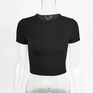 Detail of black crop top T-shirt showing fine ribbed texture and round neckline