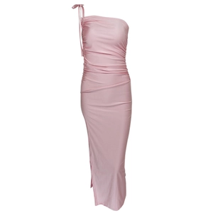 Pink one-shoulder ruched bodycon maxi dress with side slit and elegant slim fit design