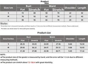 Detailed sizing chart with measurements for the slim fit one-shoulder crop tank top