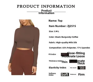 Tableau des tailles et détails du tissu pour ce crop top marron à manches longues ajusté
