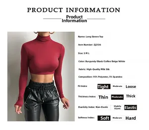 Detail view of burgundy slim-fit turtleneck crop top with material analysis and size info