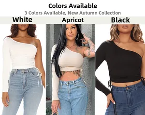 Detail view of one-shoulder slim T-shirts in white, apricot, and black with side drawstrings