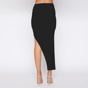 Modern asymmetrical black ruched maxi skirt with high side slit for a sleek fit