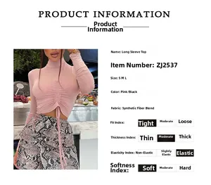 Detail of pink long sleeve crop top featuring adjustable front drawstring ruched design