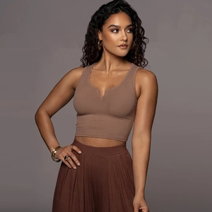 Débardeur court en maille côtelée marron sexy pour femme avec col en V et coupe ajustée