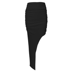 Women's black high-waisted asymmetric ruched midi skirt with a stylish pointed hemline