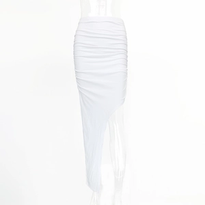 Detail view of white ruched skirt showing asymmetrical hem and textured fabric on ghost mannequin