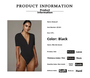 Detail view of black deep V-neck bodysuit with soft milk silk fabric and size chart