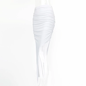 Detail of white ruched asymmetrical maxi skirt with high waist and high slit design
