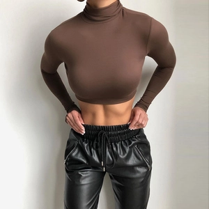 Detail view of the cropped hem and high collar on this slim fit long sleeve top