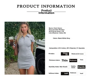 Détail du tissu en maille côtelée de coton sur une robe polo grise moulante à manches