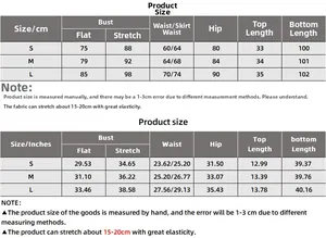 Size chart showing S-L dimensions in cm and inches for crop top and skirt set
