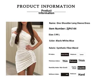 Détails de la robe blanche à une épaule avec spécifications du tissu et des tailles