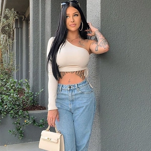 Slim fit cream one-shoulder long sleeve crop top with side drawstring detail
