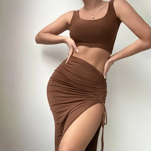 Women Sexy Two Piece Skirt Set Ruched Drawstring High Slit Midi Skirt And Sleeveless Crop Top Polyester Spandex Slim Suit