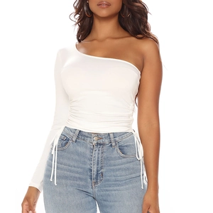Slim fit white one-shoulder long sleeve crop top with ruched drawstring details for women