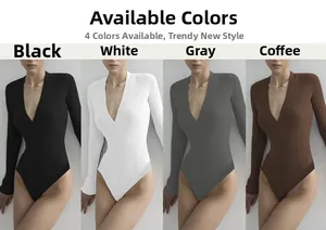 Front view of V-neck ribbed long sleeve bodysuit in black white grey and coffee brown