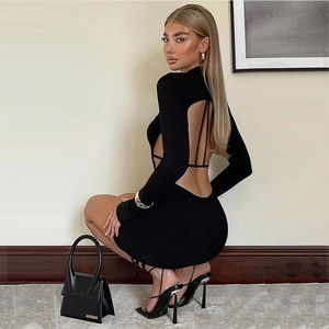 Vestido Mini Ajustado Sexy con Espalda Descubierta y Corte en la Cintura para Mujer Manga Larga Cuello Semialto Club Nocturno Fiesta