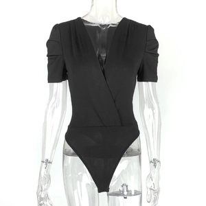 Elegant black deep V-neck bodysuit with pleated puff sleeves and slim fit design