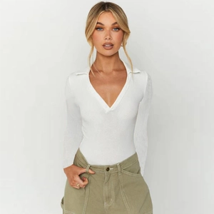 Body Sexy pour Femme Coupe Ajustée Col Polo Manches Longues Nervuré en Rayonne Spandex Haut pour l'Automne Décontracté