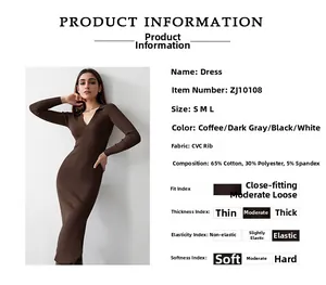 Vue détaillée de la robe en maille côtelée café avec spécifications du tissu 65% coton