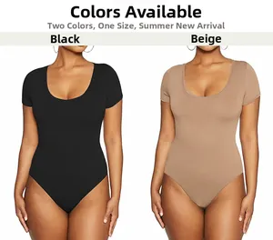 Slim fit short sleeve bodysuit for women in black and apricot with deep U-neck