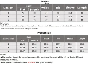 Size chart for knit dress showing S, M, L measurements in centimeters and inches