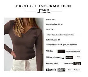 Detailansicht des kaffeebraunen Rippstrickgewebes mit Polo-V-Ausschnitt und Materialinfo