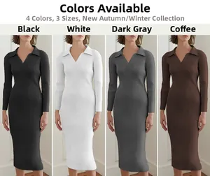 Comparaison de quatre couleurs de robe midi en maille côtelée avec col polo en V